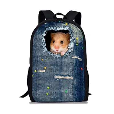 Image of Showudesigns Hamster Backpack for Teen Girls Ruck Sack Bags Boys Elementary School Bookbag Personalised Denim Animal Rucksack