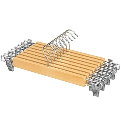 Image of SONGMICS CRW009N01 Set of 8 Wooden Skirt Hangers with Adjustable Clips, Non Slip for Trousers, Shorts and Skirts, Natural