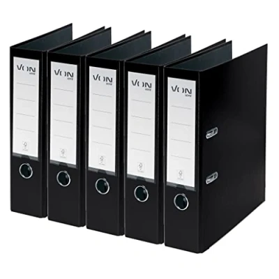 Image of VON Leitz Pack of 5 A4 Folders, Cardboard with Plastic Cover, 80 mm Spine Width, for 600 Sheets, FSC Certified Cardboard, Lever Arch Folder, School, Study &amp; Home, Black, 10551095