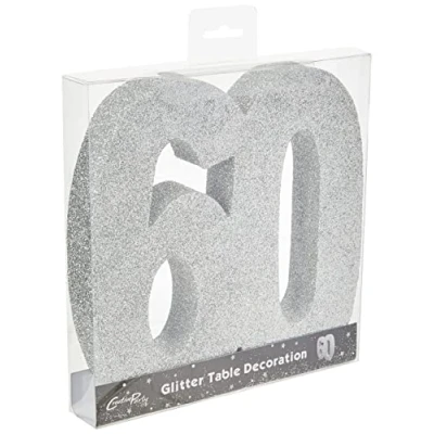 Image of Number 60 Glitter Table Decoration Silver Centrepiece Decorations 60th Birthday Wedding Anniversary Pack of 1 20cm H118