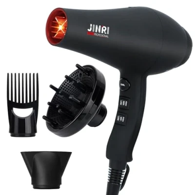 Image of JINRI Hair Dryer, 2400W Professional Salon Hairdryer Negative Ionic Blowdryer Powerful AC Motor Quick Drying with 2 Speed 3 Heat, Diffuser &amp; Concentrator Comb for Hairstyles