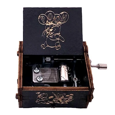 Image of Black Mini Music Box Hand Crank Musical Carved Wood Gifts (Winnie The Pooh)