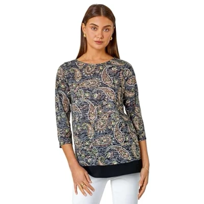 Image of Roman Originals Paisley Print Chiffon Hem Top for Women UK Ladies Everyday Autumn Winter Round Neckline Comfy Soft Evening Vacation Work Party Night Out Navy Size 12