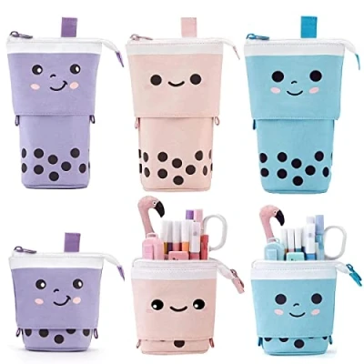Image of RoadLoo Stand Pencil Holder, 3 Pieces Telescopic Cartoon Cute Case Cosmetic Durable Canvas Stationery Makeup Bag for Boys Girls Students and Office Supplies