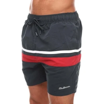 Image of Ben Sherman Mens Swim Shorts in Navy Medium Length, with Stripe Detail, Classic Style Polyester Quick Dry Elasticated Waistband Draw Strings