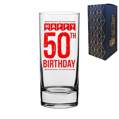 Image of Novelty Engraved/Printed HiBall Gin and Tonic Vodka Glass Happy 50th Birthday Red
