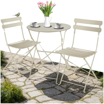 Image of TecTake® Bistro Set with 1 Garden Table &amp; 2 Chairs, Foldable Design Stylish Slats, Steel Frame, Floor Protective Non Slip Feet, No Assembly Furniture for Patio Balcony Cream