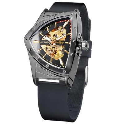 Image of FORSINING Skeleton Watches for Men, Automatic Mechanical Watch with Triangle Dial, Luminous Self Winding Stainless Steel Bracelet or Soft Silicone Strap, Black Yellow,