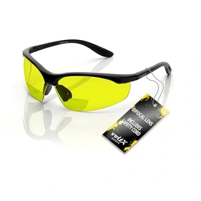 Image of voltX &#039;CONSTRUCTOR&#039; BIFOCAL Reading safety Glasses (YELLOW +3.0 Dioptre) UKCA &amp; CE EN166F certified/Cycling Sports includes cord + UV400 anti fog coated lens