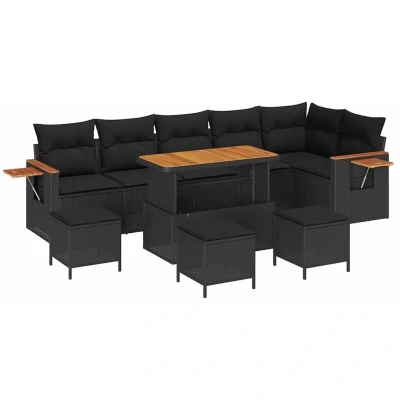 Image of vidaXL 10 Piece Garden Sofa Set with Cushions Black Poly Rattan Acacia