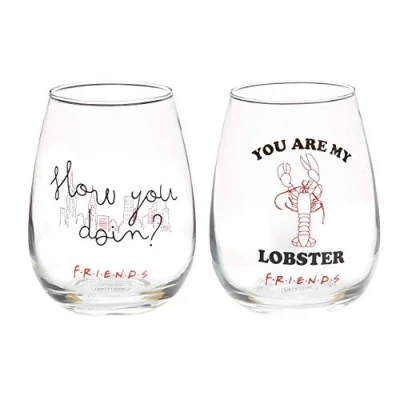 Image of Paladone Friends Set of 2 Glasses, Stemless Wine Glasses You are My Lobster, How Doin, 150 milliliters