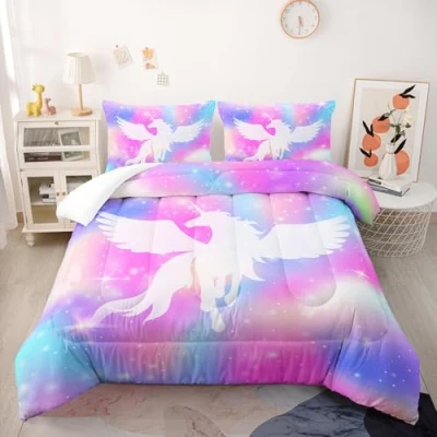 Image of Coverless Duvet Angel Unicorn Pink King Size Microfiber Bedspreads Lightweight Quilted All Seasons Size+2 Pillowcases(50x75) 260x230cm