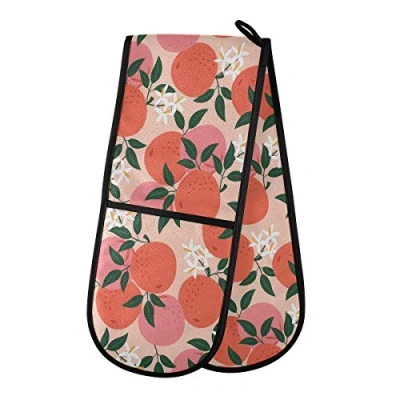 Image of TropicalLife Double Oven Glove Mitts Orange Fruit Flower Leaves Heat Resistant Pot Holders for Home Kitchen Cooking Baking Outdoor BBQ