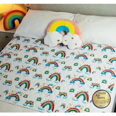 Image of Bedwetz Potty Training Bed Pads 2 Pack 100% Waterproof Mattress Protector Bedwetting Sheets, size fits Double Beds Non Slip Mat with Side Wing Tucks UK Brand Rainbow