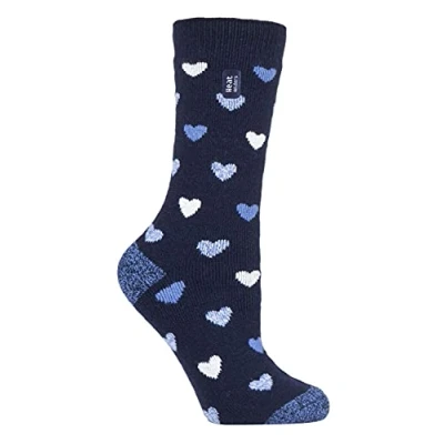 Image of HEAT HOLDERS Lite Womens Insulated Thermal Socks Multiple Designs Including Argyle Stripes Hearts Stars Warm for Winter (4 7, Navy Heart (Jasmine))
