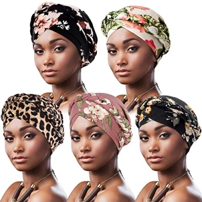 Image of DRESHOW Women Turban Pre Tied Twisted Braid Hair Cover Wrap Hat African Beanie Headwraps Chemo Cancer Cap