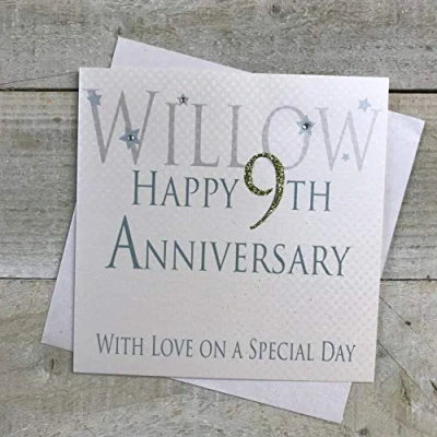 Image of white cotton cards Willow Happy 9th Love On A Special Day, Handmade Anniversary Card (Code AW9)