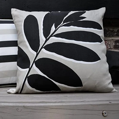 Image of Fusion Black &amp; Natural Leaf Outdoor Cushion (43 x 43cm) 100% Cotton Filling Included Reversible Design UV Resistant Garden Cushions with Covers Included/Cushion Inserts