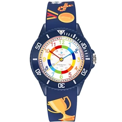 Image of Alienwork Football Boys Children&#039;s Teacher Watch Girls Navy Blue Silicone Strap Multi Coloured Kid Waterproof 5 ATM Learning Time