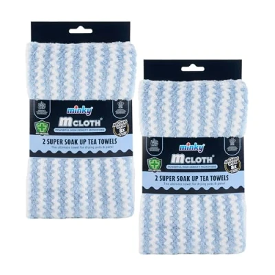 Image of Minky Super Soak Up Tea Towels Blue Pack of 4, Ultra Absorbent, Powerful High Density Microfibre, Anti Bacterial Formulation, Hanging Tag For Easy Storage, Machine Washable (4, Blue)
