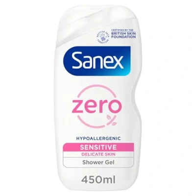 Image of Sanex Zero% Hypoallergenic Sensitive Shower Gel 450ml 0% fragrance, colourants, sulphates* &amp; soap 8 hours of hydration dermatologically tested ingredients 93% natural origin**