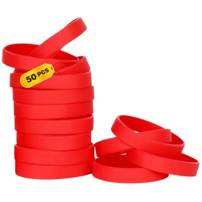 Image of THXIY 50PCS Silicone Bracelets Wristbands,Blank Rubber Wristbands Elastic Universal Wholesale Bracelet bands bulk for Adults Men Women Red