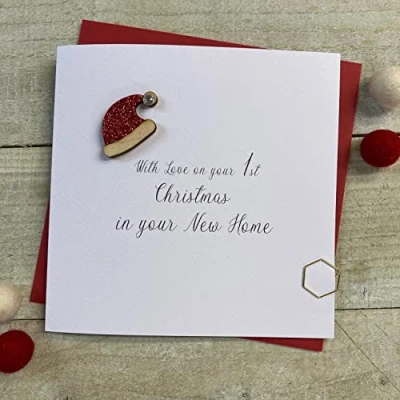 Image of White Cotton Cards First Christmas in New Home Wooden Glittered Little Reindeer (XS9 1NH) Handmade