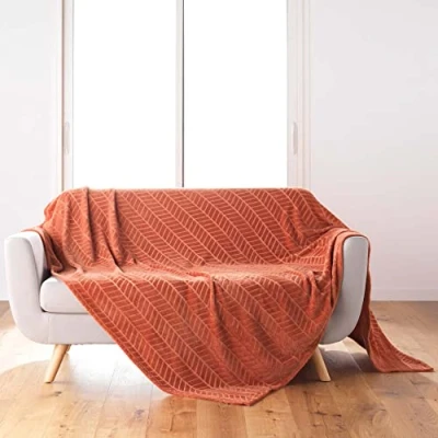 Image of Douceur d&#039;Intérieur, Arya Terracotta Flannel Blanket 180 x 220 cm Relief