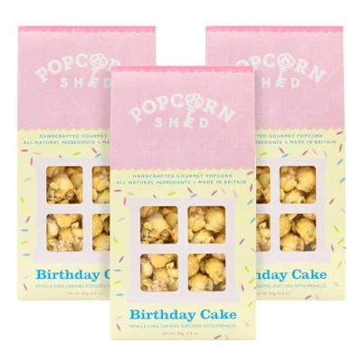 Image of Popcorn Shed, Yellow 3 x Birthday Cake Gourmet Sheds, Vanilla Caramel Flavoured with White Chocolate and Sprinkles 80g, Gift