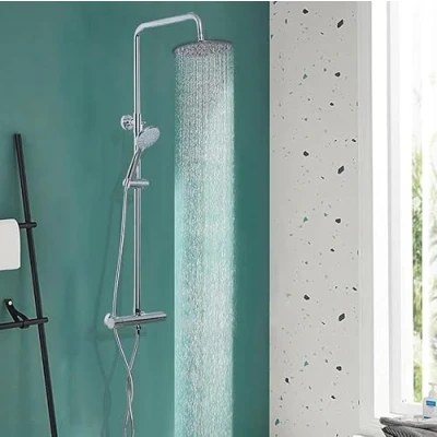 Image of Thermostatic Shower Set,Adjustable Height Mixer Set for Bathroom,Thermostatic bar with Square Rainfall and Multi Function Handheld (Silver Round)