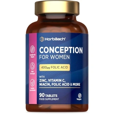 Image of Conception Vitamins for Women Fertility Support with 400µg Folic Acid, Vitamin C, Iron &amp; Zinc Pregnancy 90 Vegan Tablets by Horbaach
