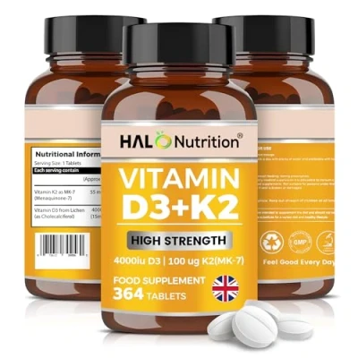Image of Vitamin D3 4000 iu &amp; K2 MK7 100μg 1 Year Supply, 365 Easy Swallow Tablets, A Day High Strength Vegetarian and Supplements, D Tablets by Halo Nutrition