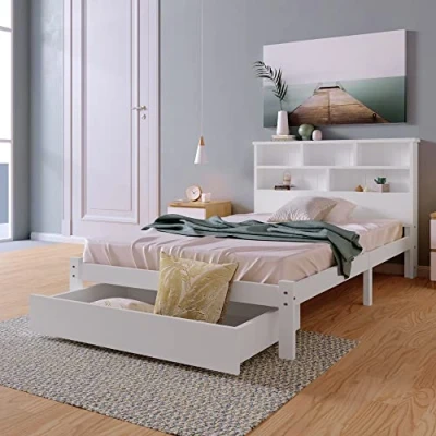 Image of ModernLuxe bed Frame with Shelves 3FT Single /4ft6 Double White Wooden Storage Bed, Underbed Drawer Only (90x190cm)