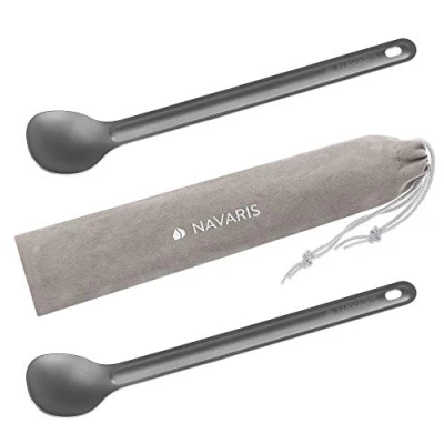 Image of Navaris Long Handle Titanium Spoons (Set of 2) 21.5cm Metal Spoon Set for Backpacking and Camping Extra Strong Ultra Lightweight Cutlery