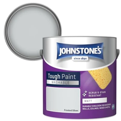 Image of Johnstone&#039;s Washable Paint Frosted Silver Matt Finish Emulsion Highly Durable Stain Resistant Non Toxic &amp; Low Odour 12m2 Coverage per Litre 2.5L
