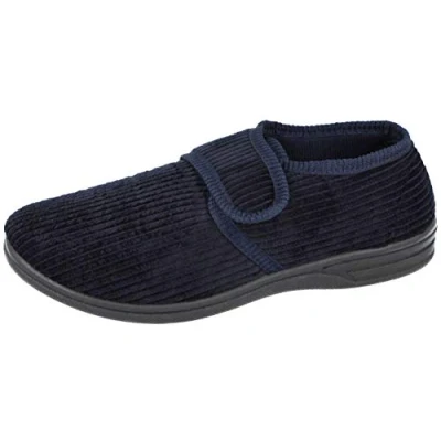 Image of Jo&amp;Joe Mens Tartan Cord Faux Suede Fleece Touch Close Strap Moccasin Slippers Size 6 12 (UK 9/ EU 43, Navy)