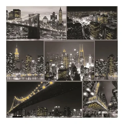 Image of Fresco City at Night Black/White Cityscape Yellow Highlighted Paste The Paper Black/Yellow Wallpaper Traditional Design Geometric Feature or 4 Wall