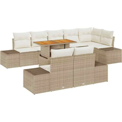 Image of vidaXL 9 Piece Garden Dining Set with Cushions Beige Poly Rattan Acacia