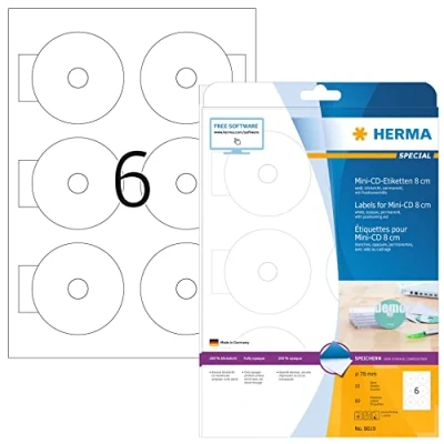 Image of HERMA Self Adhesive Full Face Mini CD Labels, 6 Labels per A4 Sheet, 10 Sheets, Ø 78 mm, 60 Blank Opaque Stickers, Sticky for Laser &amp; Inkjet Printer, White