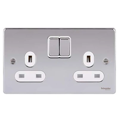 Image of Schneider Electric Ultimate Low Profile Switched Double Power Socket, 13A, GU3520WPC, Polished Chrome with White Insert