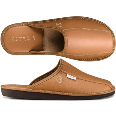 Image of ESTRO Mens Slippers Men House Shoes Leather Home Mule Men&#039;s Slipper Memory Sole RUST (11 UK, Gold)