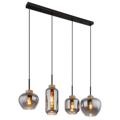 Image of Matt Bar Pendant Ceiling Light Black Smoke Glass Shade 4x E27