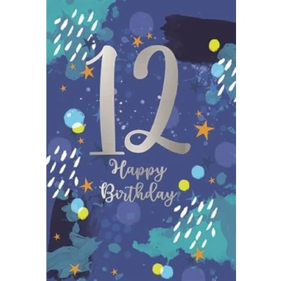 Image of Age 12 Boy 12th Birthday Card Blue with Paint Splash &amp; Silver Foil 7.75x5.25&quot;
