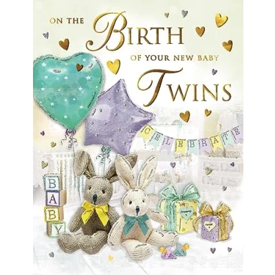 Image of Regal Publishing Birth of Twins Baby Card Bunnies 8 x 6 inches