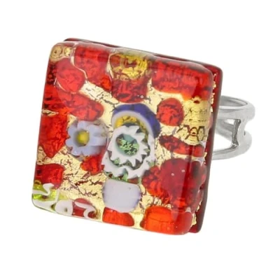 Image of GlassOfVenice Murano Glass Venetian Reflections Square Adjustable Ring Red Gold