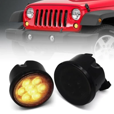 Image of DKMGHT Turn Signal Lights Smoked Lens for Jeep Wrangler 2007 2018 JK JKU Amber LED Front Blinkers Grill Indicator Parking (Honycomb Style)