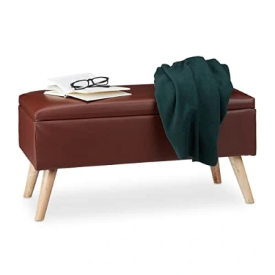 Image of Relaxdays Hallway Storage Bench, 40L, Padded Faux Leather Trunk, Wooden Legs, Brown, HxWxD: 40 x 80 39.5 cm