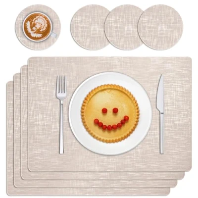 Image of TOPAHGOD Placemats and Coaster Set 4, Heat Resistant Table Mats, Washable Beige Place Mats for Coasters Kitchen, Dining, Outdoor