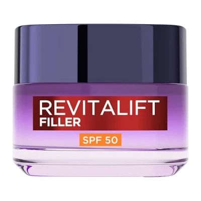 Image of L’Oréal Paris Revitalift Filler Deep Replumping Anti Ageing SPF50 Cream, UV Protection, Moisturising, Intensely Hydrates and Smooth Wrinkles with Macro, Micro Epidermic Hyaluronic Acid, 50ml