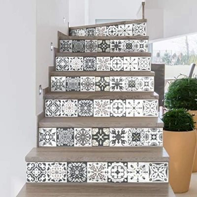 Image of 6 Tile Stair Stickers, Cement Riser Tiles Adhesive Azulejos 15 x 105 cm Strips